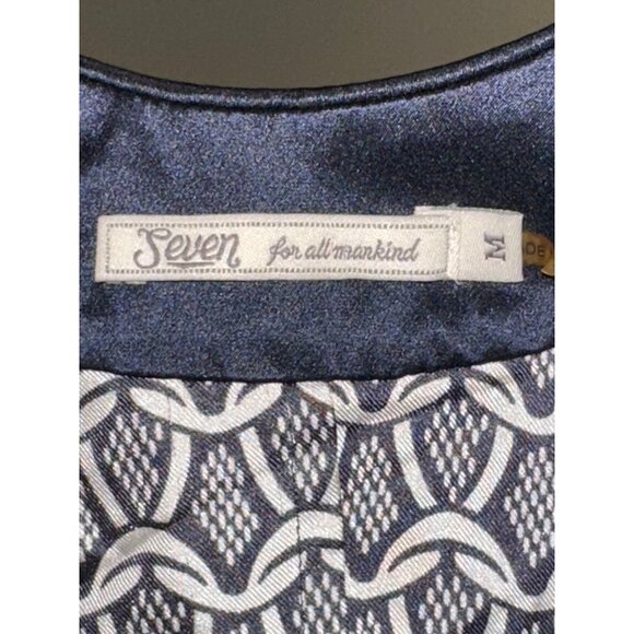 7 For All Mankind Silk Medium Off Shoulder Navy White Geometric Cocktail Dress - Picture 9 of 12